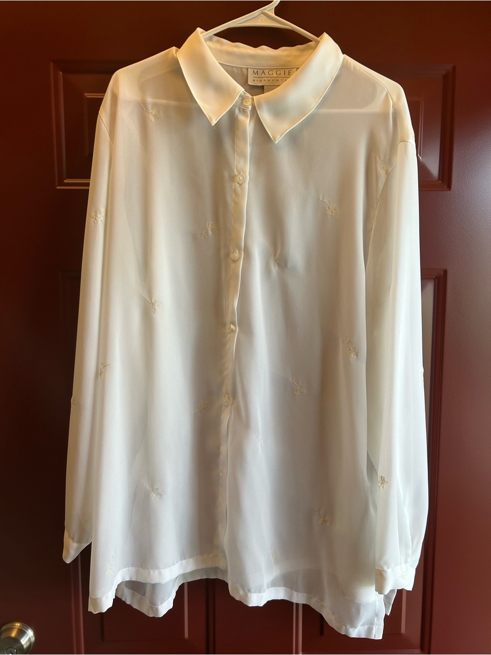 Maggie Mcnaughton White Button-Front Long Sleeve Shirt with ivory embroidery